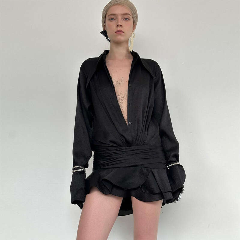 European and American style 2025 autumn women's sexy trumpet sleeve long sleeved shirt ruffle edge slit skirt set new casual fashion trend clothi