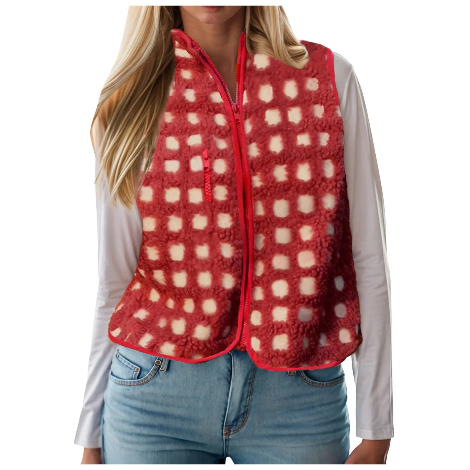 Women Checkered Cardigan Vest Sleeveless Zip Up Fleece Top Crochet Plaid Vests With Pocket Holiday Outfits For Woman Dressy 250113