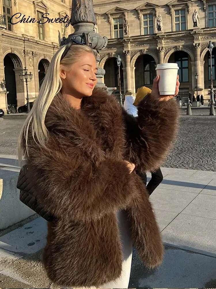 Brown Faux Fur Coats Women Fashion Full Sleeve Lapel Long Warm Jacket 2024 Winter Fluffy Thick High Street Outerwear New