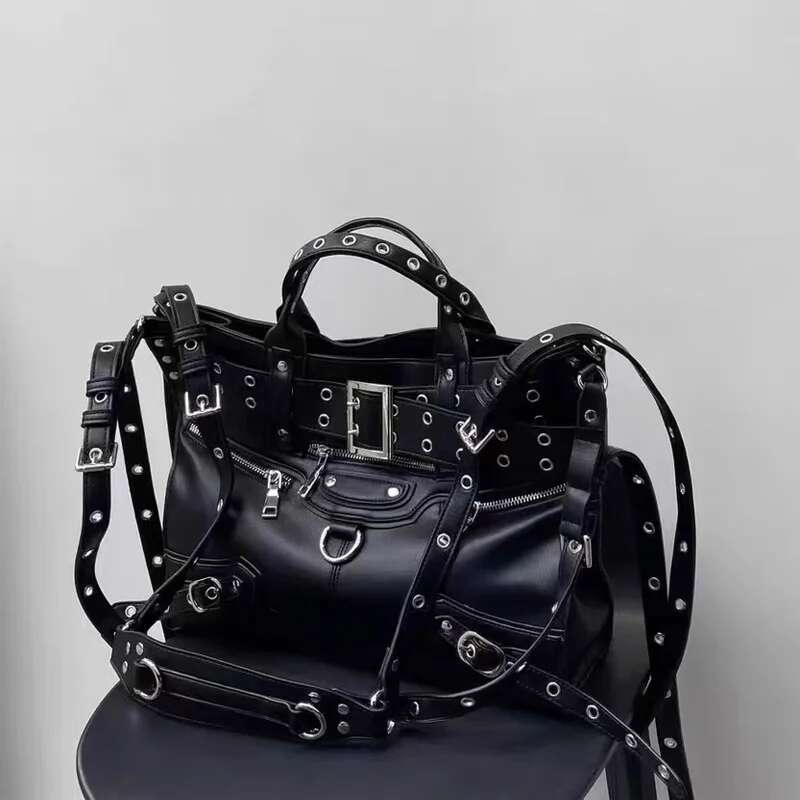 2024 Large Capacity Tote Motorcycle Bag For Women Punk Rivet Strap Handbag Locomotive Men's Women's Neutral Bag