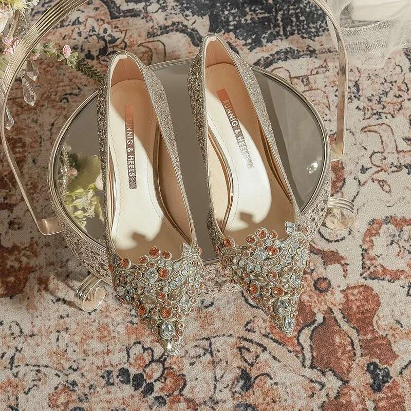 Gold Wedding Women's 2024 New Bride Dress Shoes Fashion Sequin Crystal High Heels
