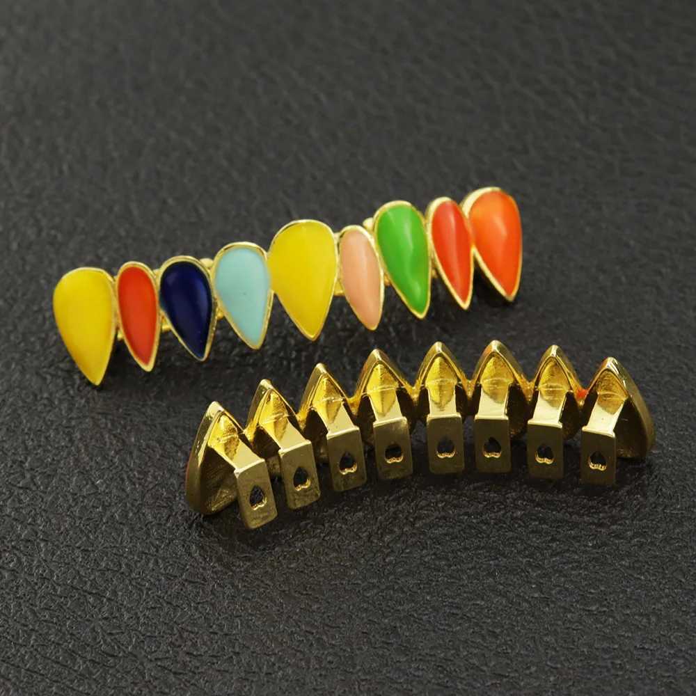 Hip Hop Multi Color Drip Oil CZ Pointy Shape Teeth Grillz Caps Top Bottom Charm Grills For Men Women Jewelry GiftXJ250114