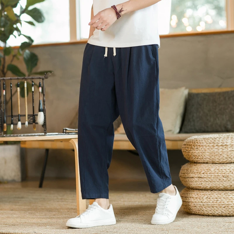 Mens Trousers Cotton Linen Fashion Casual Pants Solid Color Breathable Loose Shorts Straight Drawstring Streetwear Men 250110