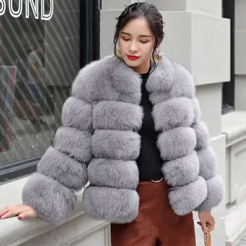 Women Faux Fur Fox Short Coat Jackets Autumn Winter Jacket Furry Outerwear Elegant Splice Thick Warm Coffe Coats