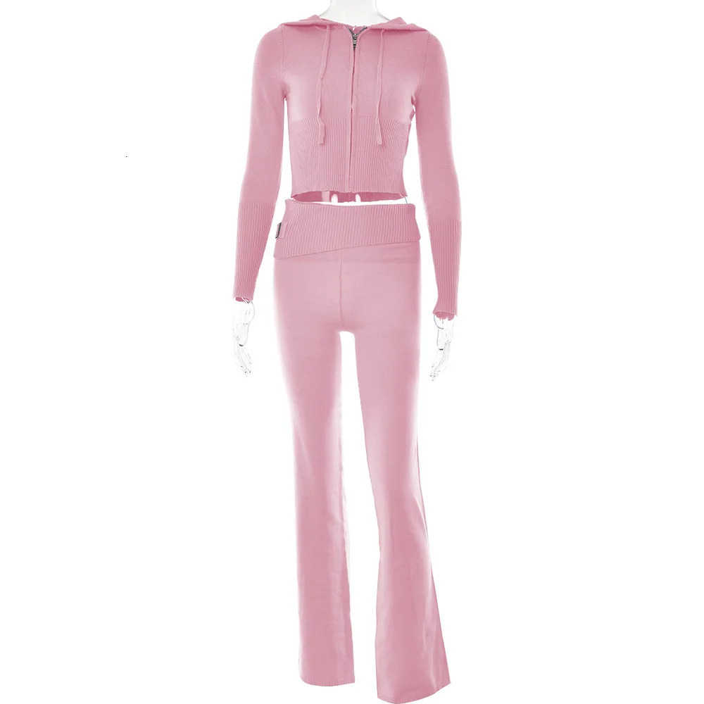 Knitted 2 Piece Set Tracksuit Long Sleeve Zipper Hooded Sweater Crop Top Flare Pants Stretch Matching Suit Outfit 250109