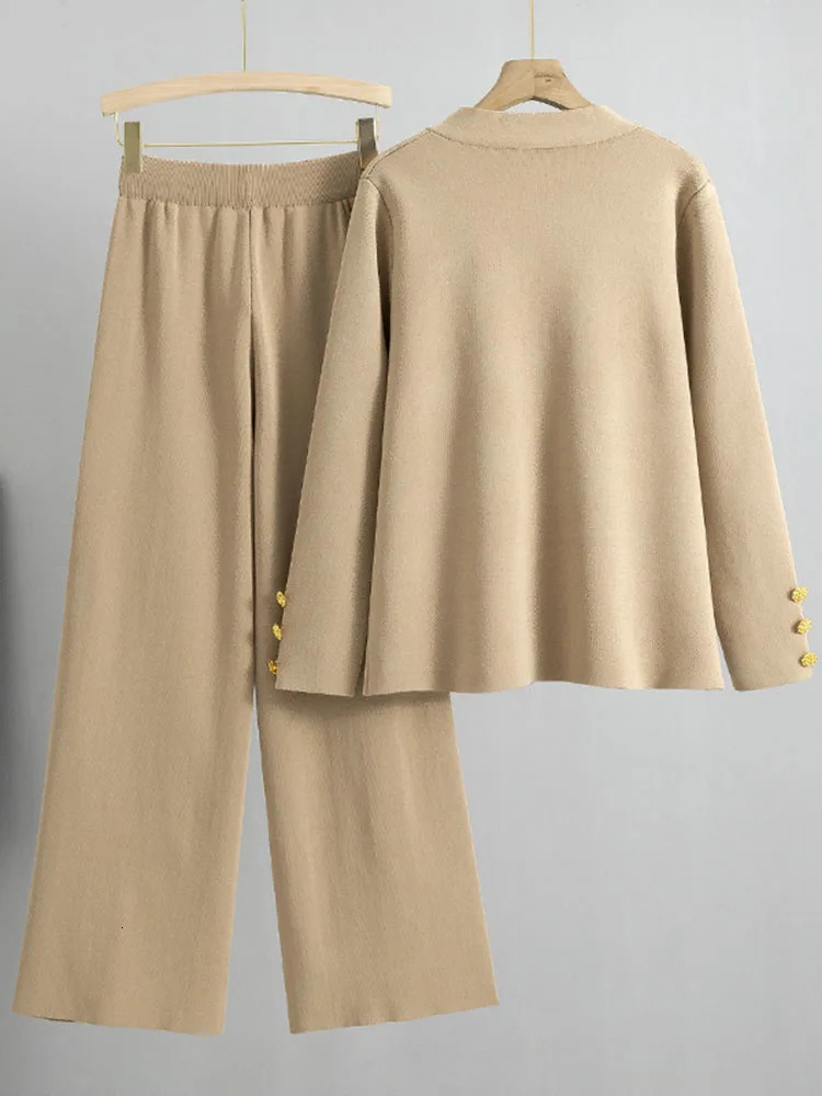 Elegant Knitted Sweater 2 Piece Set Loose Single Breasted Cardigan Tops Conjuntos High Waist Ankle Length Pants Tracksuit 250109