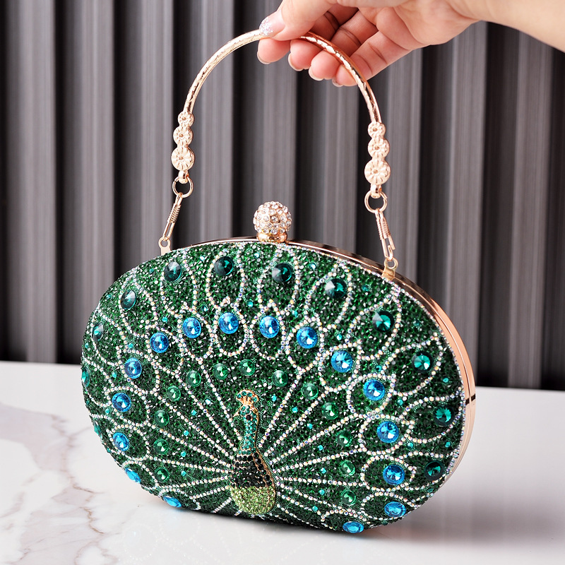 New peacock diamond-encrusted evening bag retro party bag black high-end dress bag