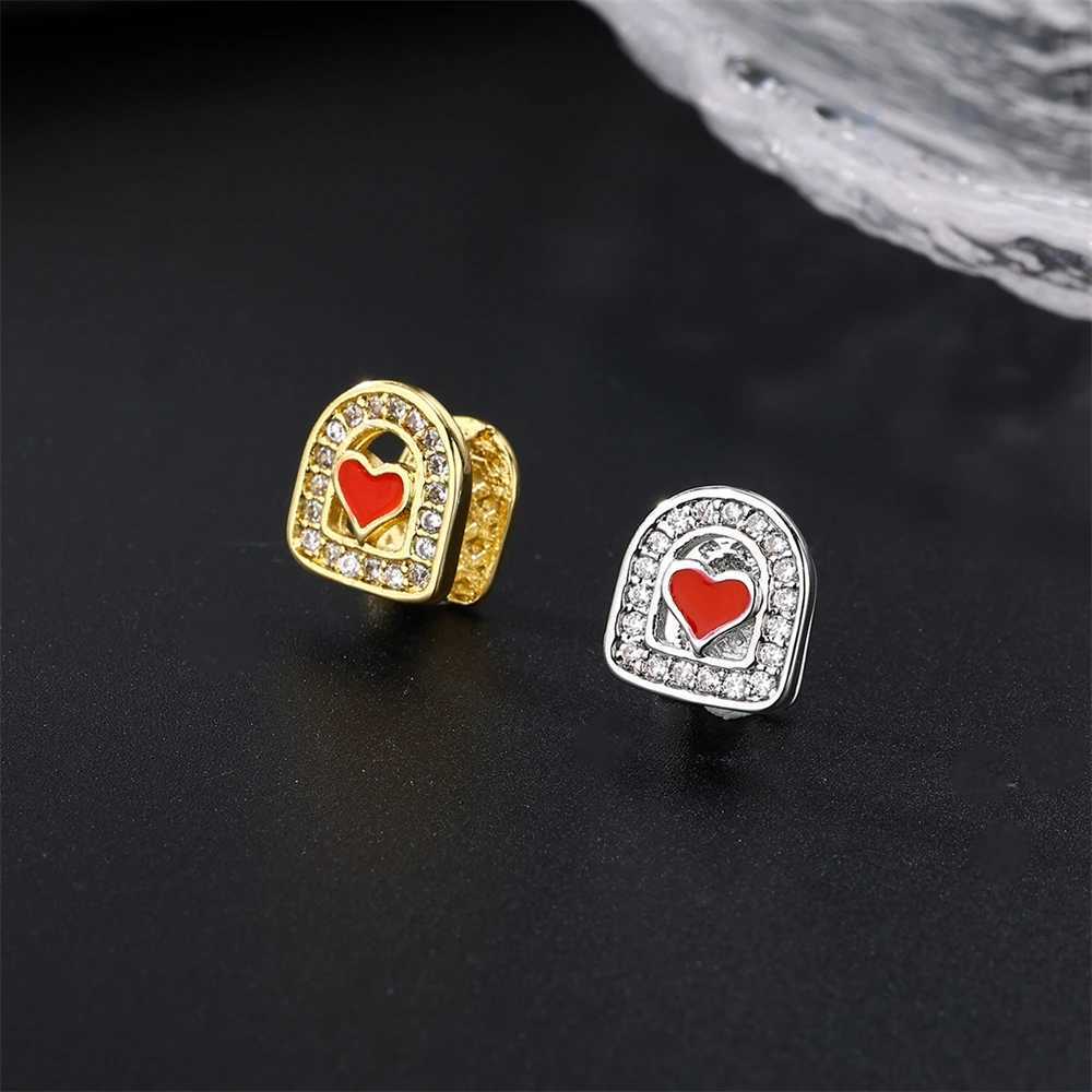 Hip Hop Cubic Zircon Heart-Shaped Oil Drip Teeth Grillz Gold Plated Caps Charm Dental Grills For Men Women Jewelry GiftXJ250114