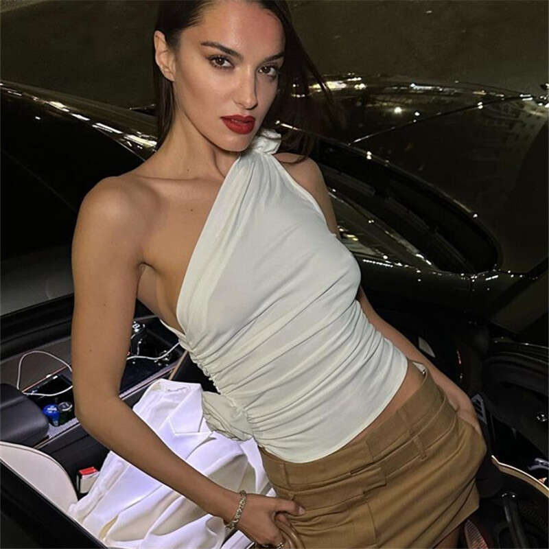 Europe and America 2025 Spring Product Sexy Spicy Girl Slant Shoulder Wrinkle Drawstring Waist Slimming Tank Top with Versatile Style New Trendy Cloth