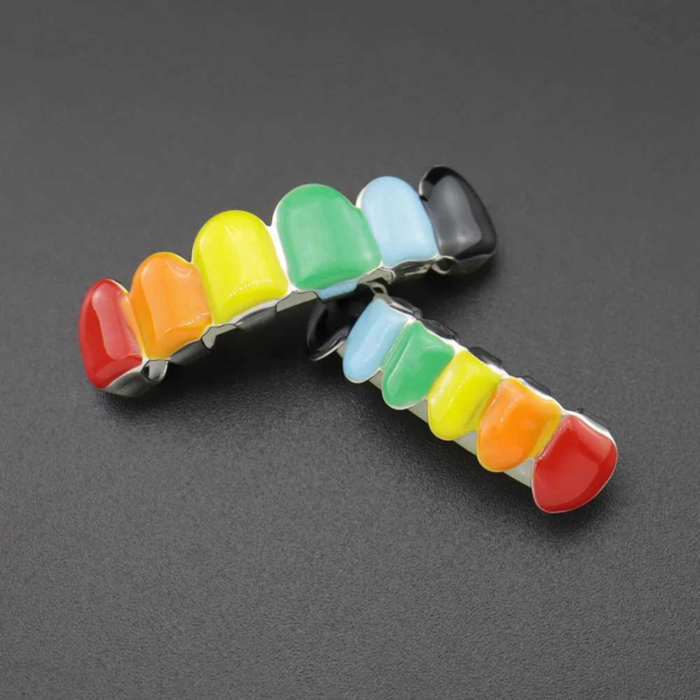 Multi Color Drip Oil CZ Teeth Grillz Caps Cubic Zircon Iced Out MicroTop Bottom Charm Grills For Men Women Hip Hop Jewelry XmasXJ250114
