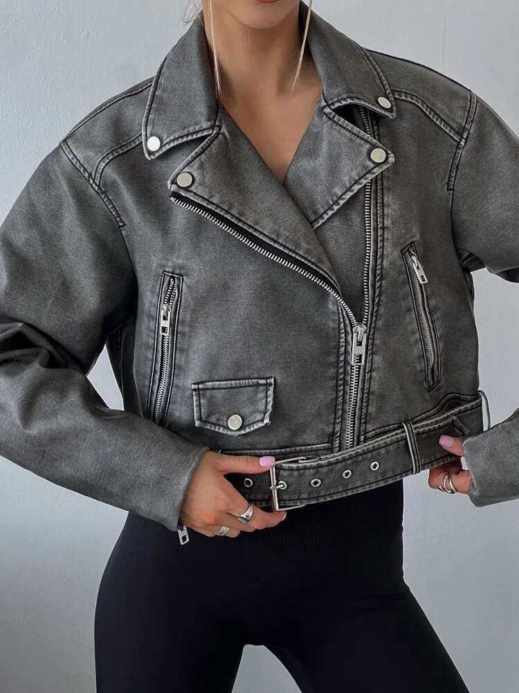 Aigo Streetwear Women Retro Loose Zipper Pu Faux Leather Short Jacket Vintage Female Belt Moto Biker Chic Coat Outwear Tops
