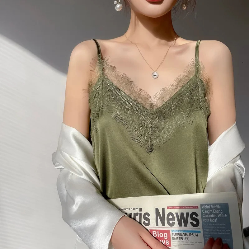 Big Lace Silk Sling Vneck Camisole Women Base Top Camis Satin White Green 250108