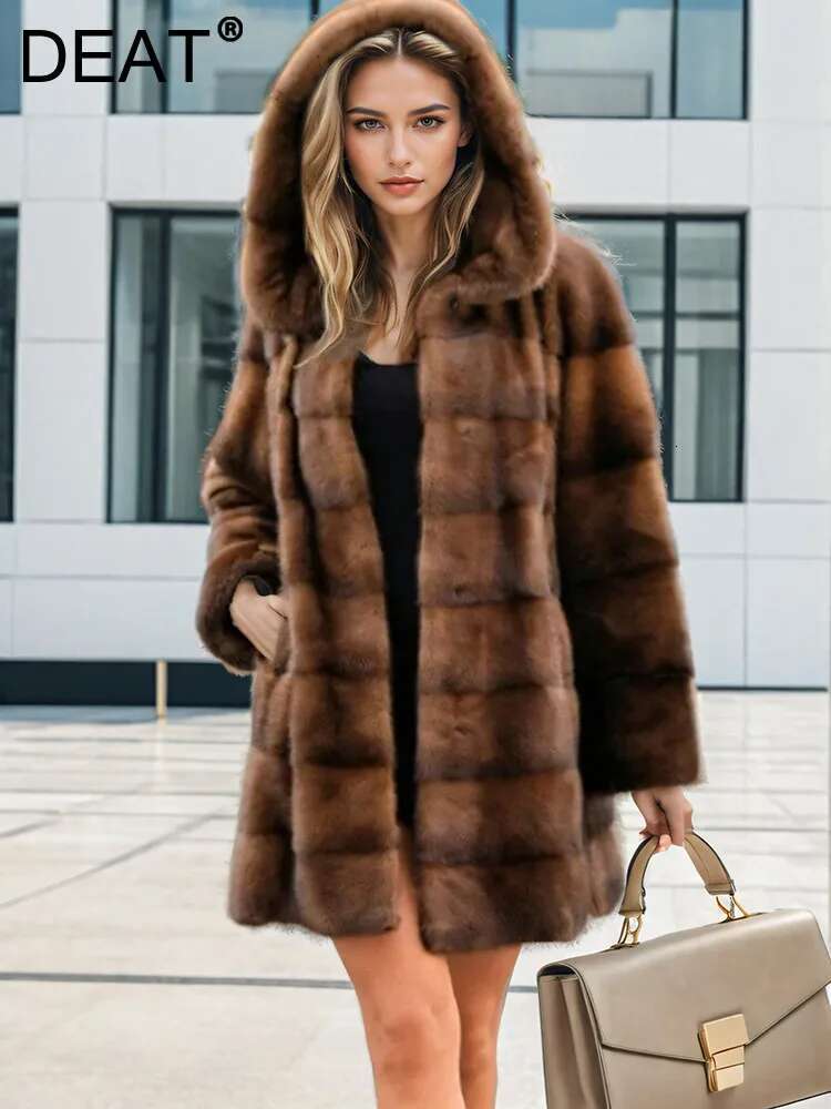 DEAT Fashion Women's Faux Coat Hooded Covered Button Loose Thick Warm Imitation Mink Fur Jacket Winter 2024 New Tide 7Ab5406
