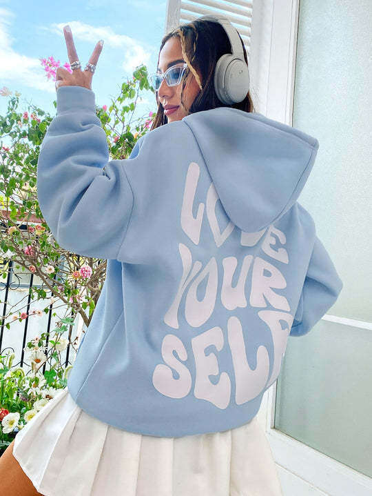 Women's fleece new back letter print hoodie with off shoulder sleeve thread