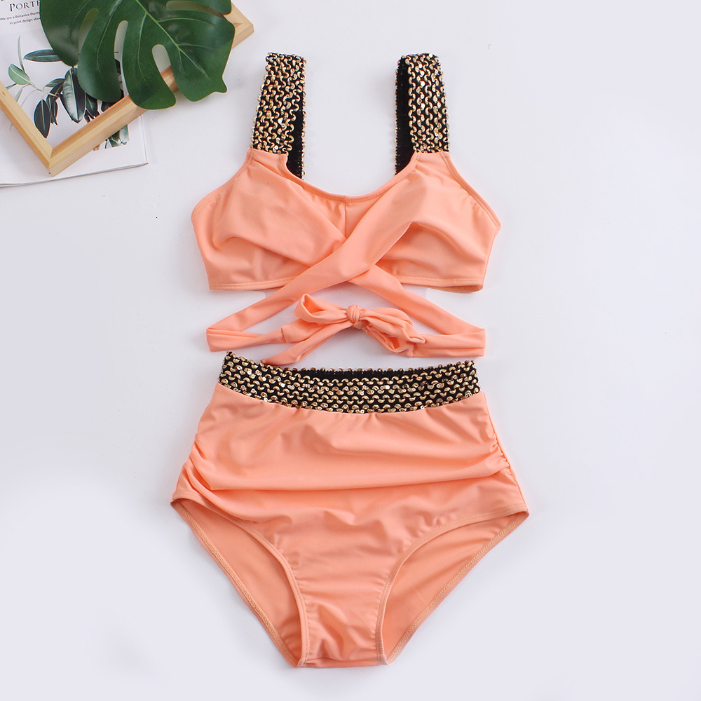 new sexy sequin panel strap paired with solid color cross tie women's bikini swimsuit