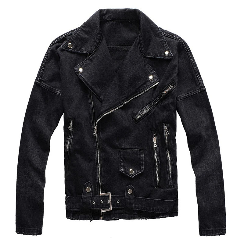 Sokotoo Mens zippers black biker jean jacket Streetwear thick denim slim coat with belt High quality 250116
