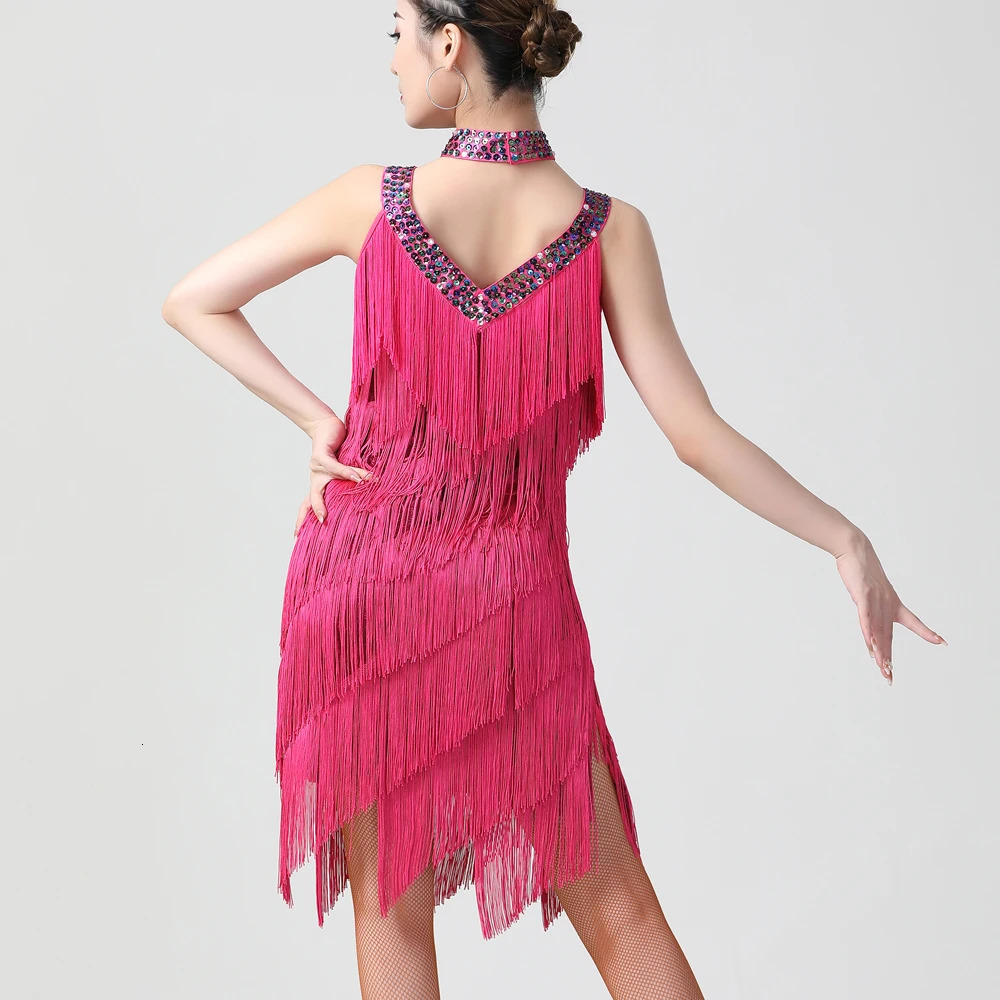 Sexy Women Double V Neck Sleeveless Fringe Dress Sequined Beaded Bodycon Mini Dress Salsa Rumba Samba Jazz Latin Dance Dress 250113