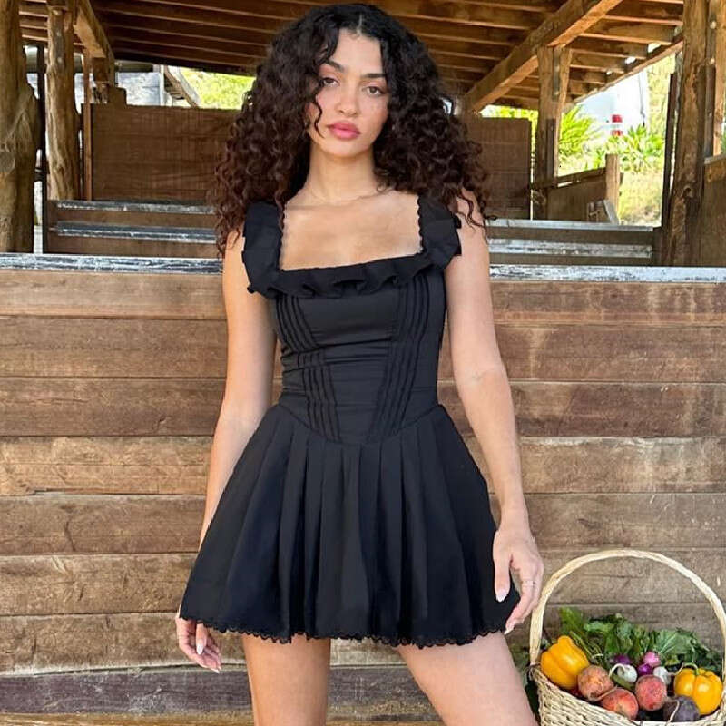 Ins European and American Summer French Style Square Collar Mushroom Edge Fishbone Bundle Dress Women's New Casual Fashion Trendy Clothing