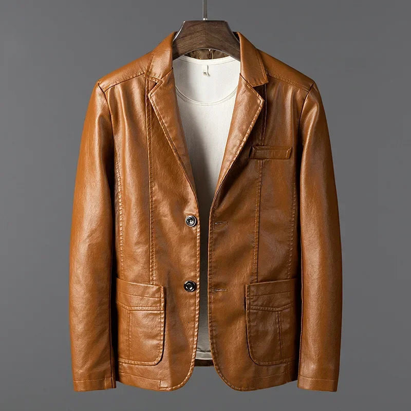PU Leather Jackets Men Slim Fit Full Sleeve Coats Single Breasted Spliced Turn Down Collar Jacket Punk Mens Casual Male Autumn 250109