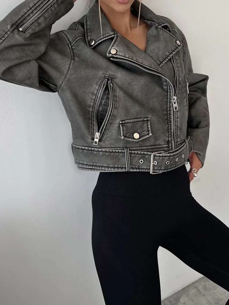 Aigo Streetwear Women Retro Loose Zipper Pu Faux Leather Short Jacket Vintage Female Belt Moto Biker Chic Coat Outwear Tops