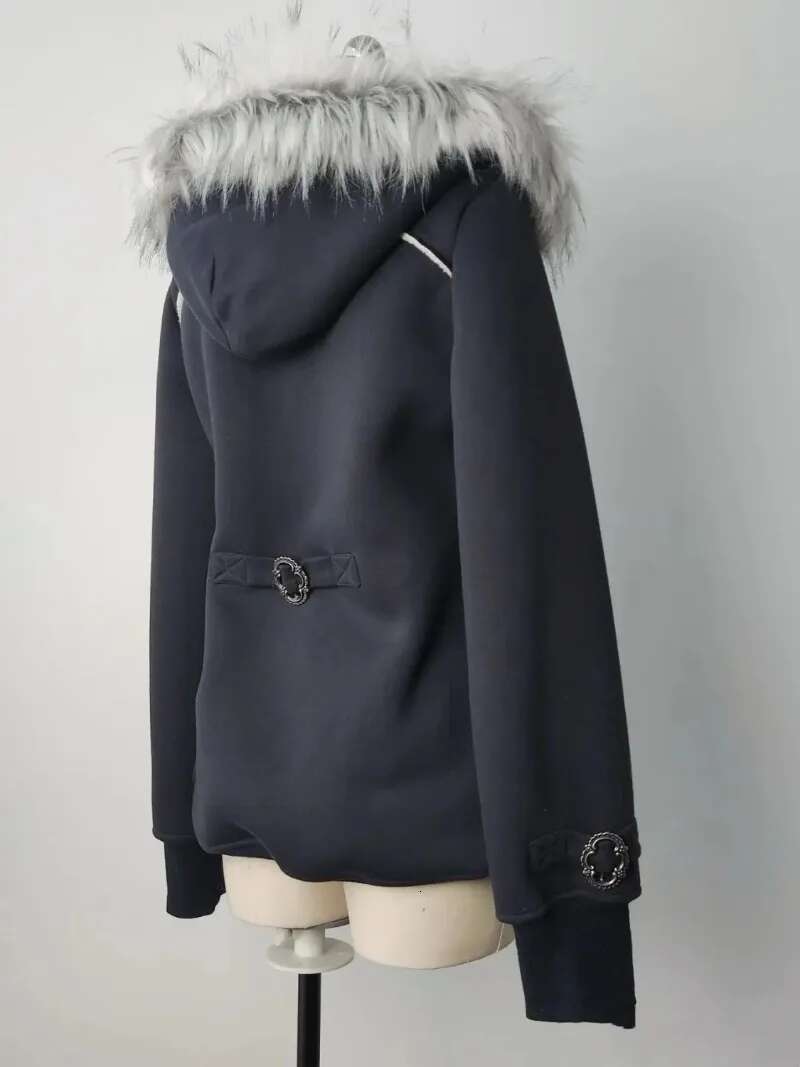 Y2k Gothic Dia Printed Fur Collar Zip Women Retro Millennium Hot Girl Slim Warm Haruku Korean Street Casual Hoodie