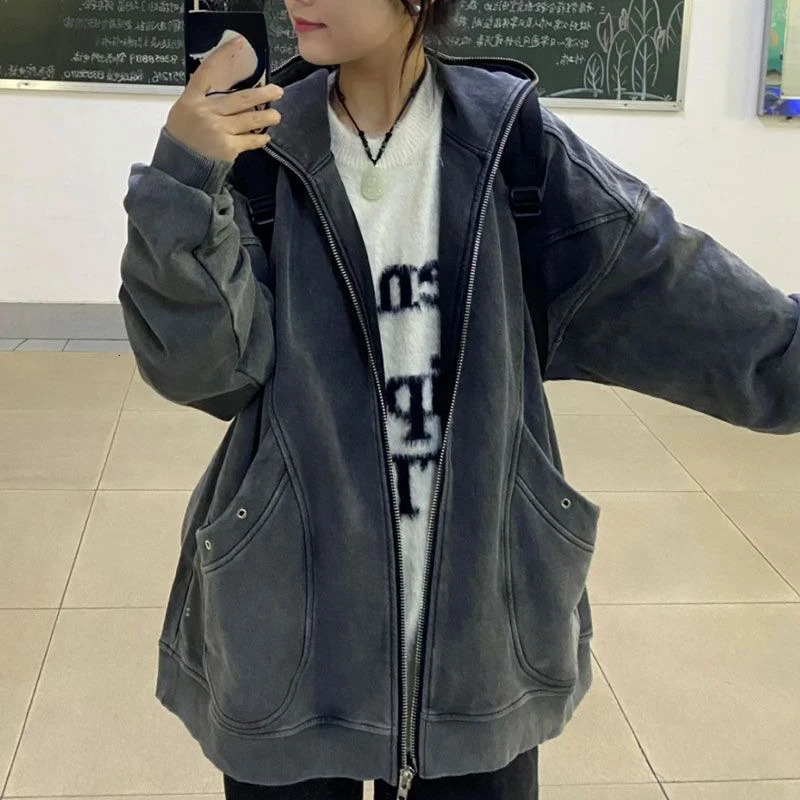 High Street Y2k Jackets Hooded Pockets Zipper Solid Color Long Sleeve Coats Harajuku Vintage Autumn Casual Loose Women Clothing 250113