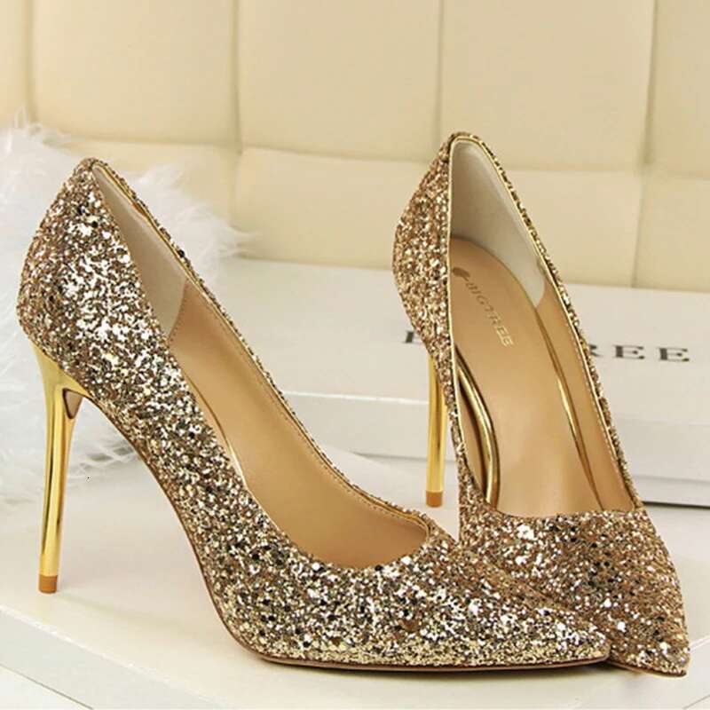 High Heel Pumps Women Shallow Mouth Pointed Glitter Sexy And Slimming Nightclub Design New Shoes Female
