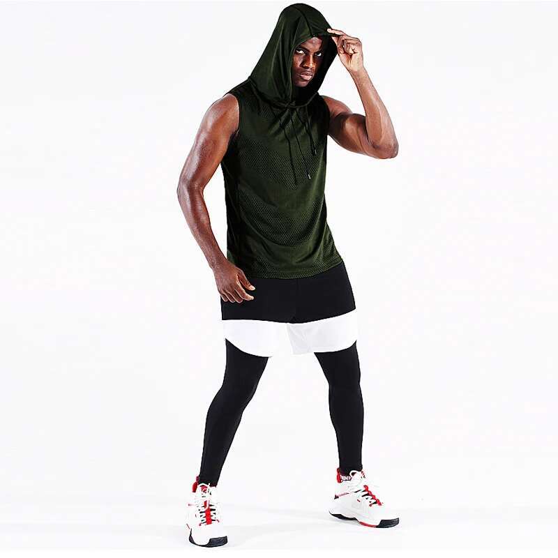 Ddmyoutdoor China Domestic Men Running Vest Hooed New Summer Gym Workout Sleeveless Shirt Ice Silk Fiess Bodybuilding Tank Tops Elastic Training Hood 