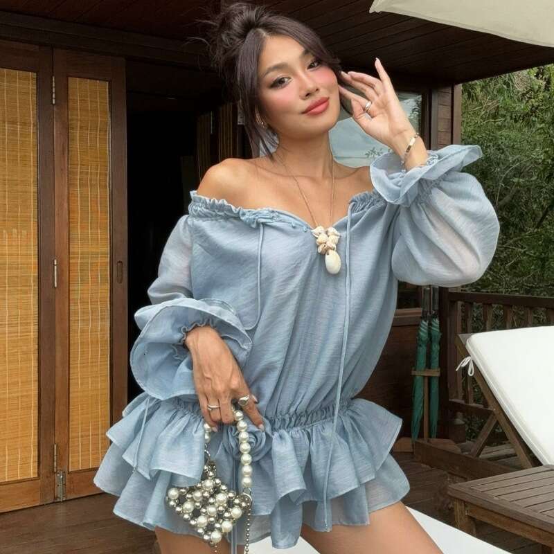 Autumn Product Sexy and Pure Desire One Collar Ruffle Chiffon Slim Fit Waist Long Sleeve Dress 2025 Versatile New Trendy Clothing Ins