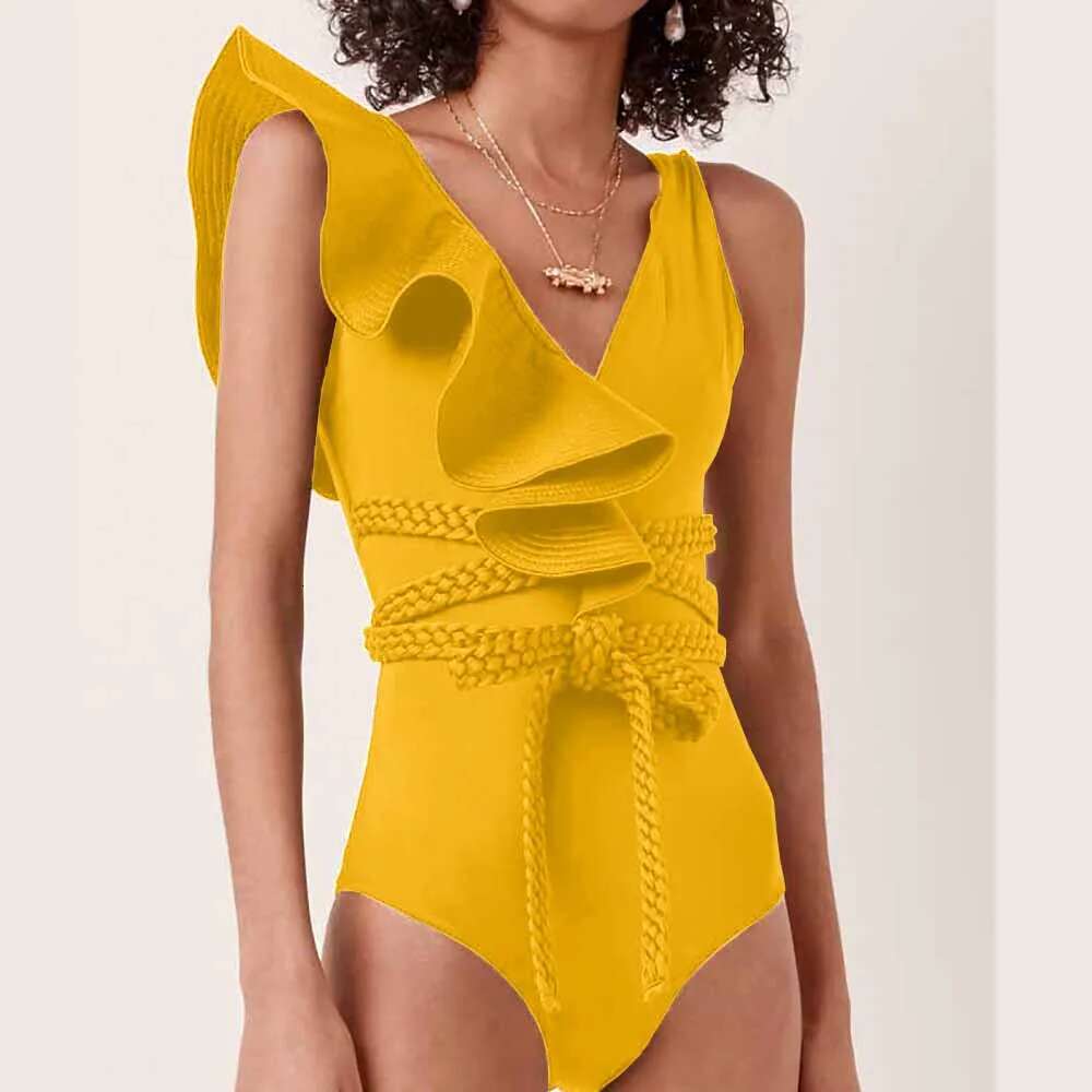 2025 New Sexy Ruffle Solid Black Piece Strappy One Shoulder Swimwear Women Swimsuit Bathing Suit Backless Beach Wear Monkini