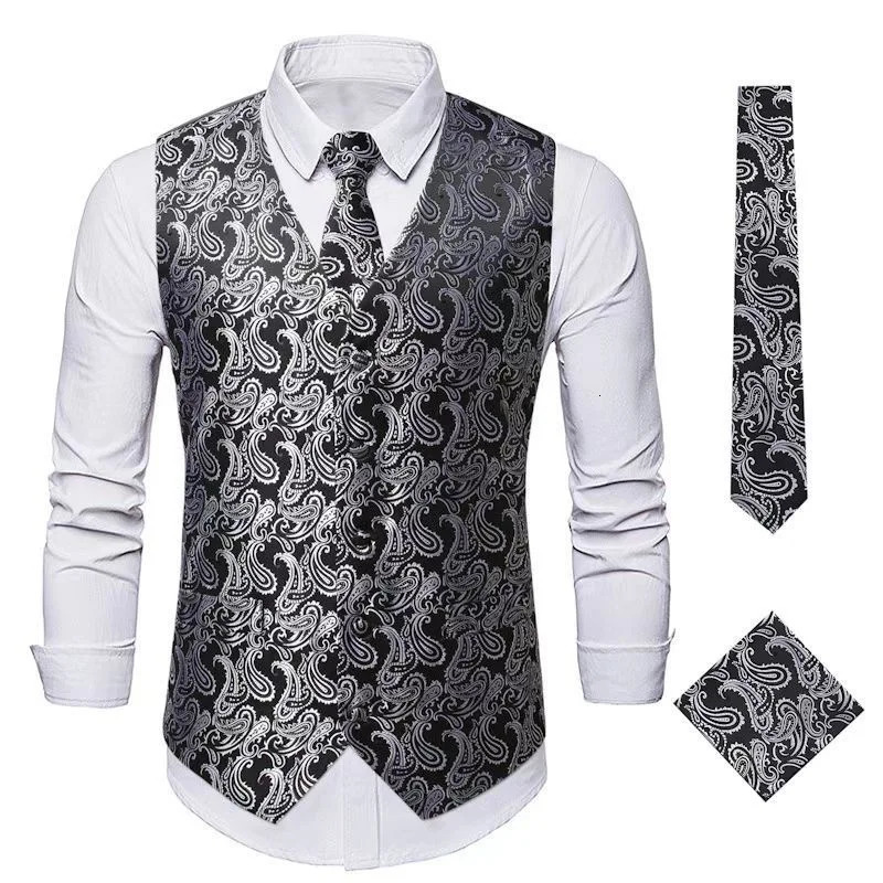 Elegant Mens Paisley Jacquard Vest 3pcs Waistcoat with Tie Pocket Square Set for Male Sleeveless Jacket Wedding Business Party 250114Z