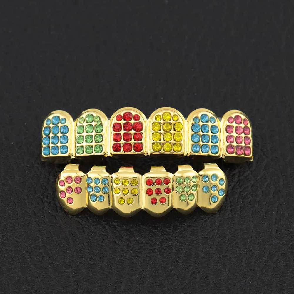Full Multi Color CZ Stones Teeth Grillz Caps Cubic Zircon Iced Out Micro Pave Top Bottom Charm Grills Set For Men JewelryXJ250114