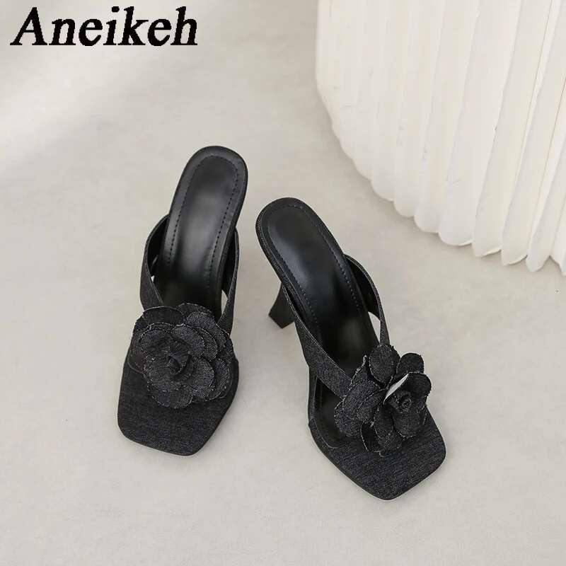 Aneikeh New Denim Wers Clip Style High Heels Sandals Summer Square Toe Slip On Fashion Designer Ladies Shoes Size 35-42