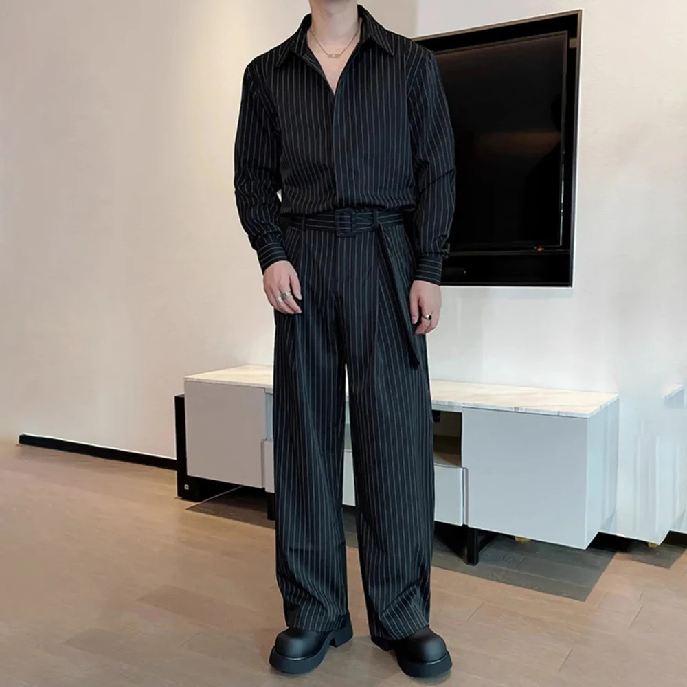 Mens Suit Vertical Stripes Long Sleeved Shirt Waist Belt Vintage Style Autumn Trend Fitting Straight Leg Pants Two-Piece Set 250109