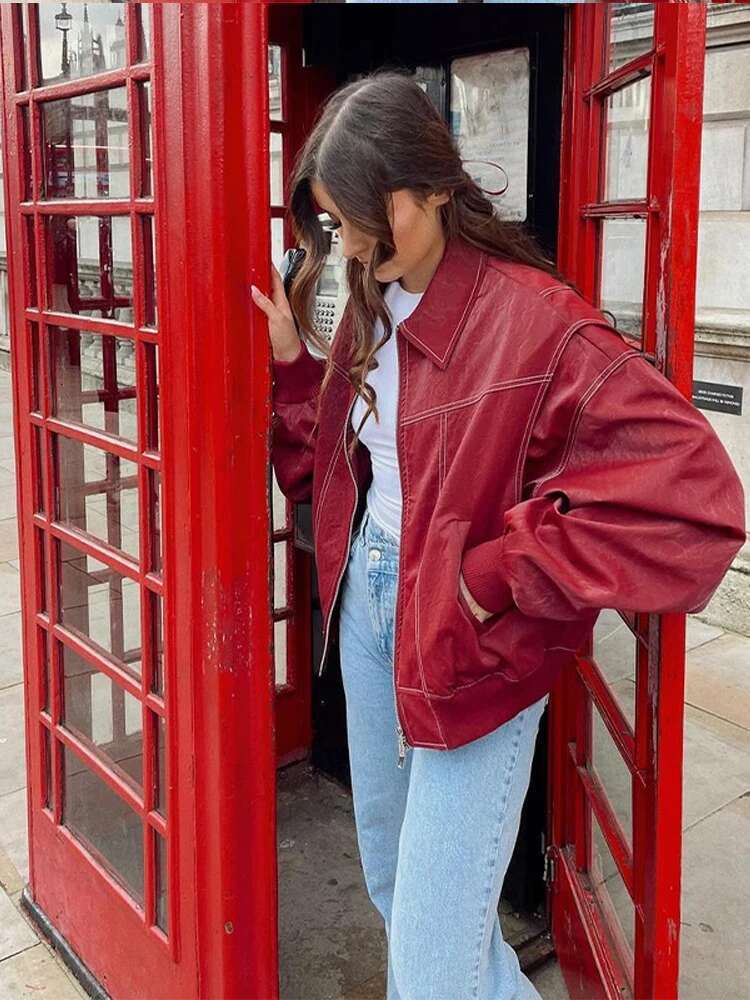 Fashion Lapel Long Sleeve Bomber Coats For Women Vintage Red Zipper Leather Jacket 2024 Autumn Winter Lady Street Casual Outwear