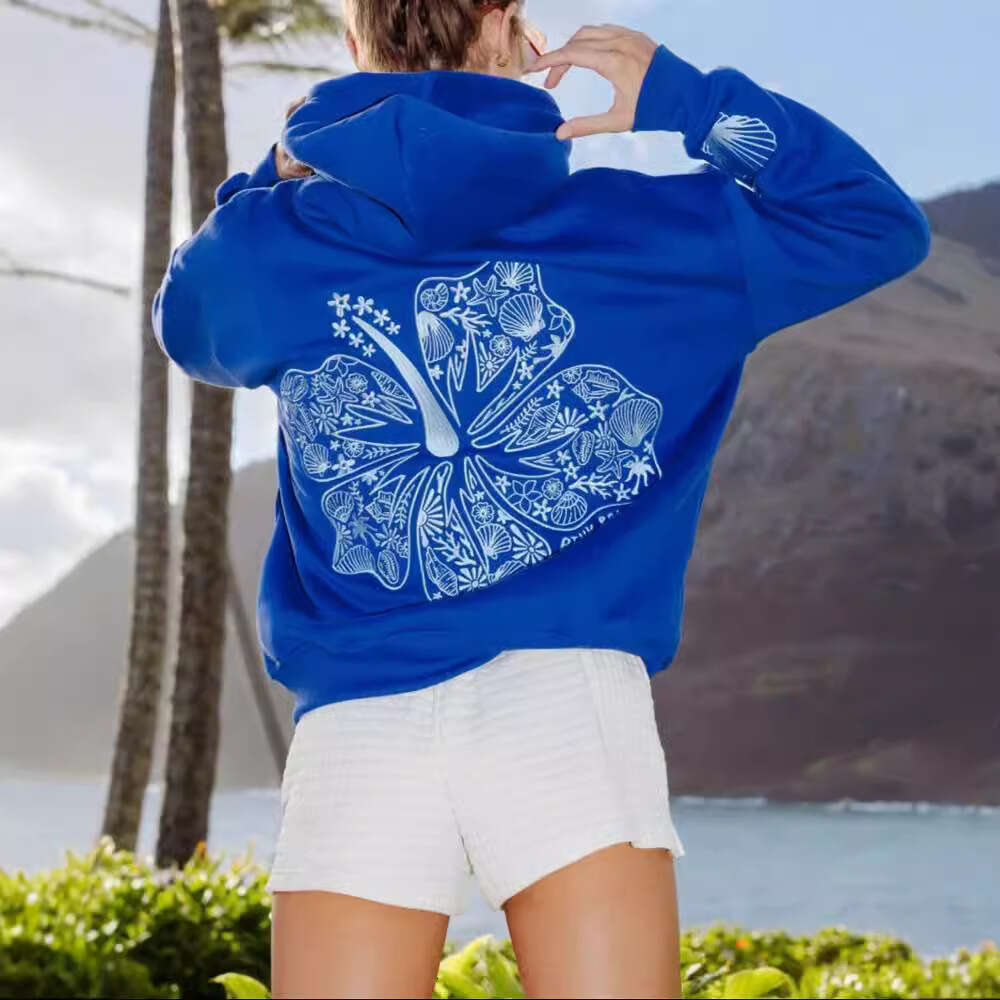 Awaii Hibiscus Hoodie with off shoulder sleeves and threaded print hoodie