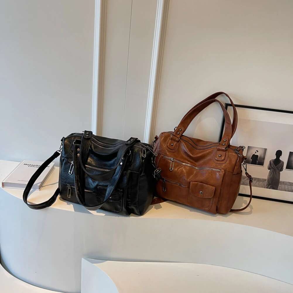 Women Casual Satchel Solid Color PU Leather Stylish Handbag Large Capacity Multi Pocket Tote Shopping Bag