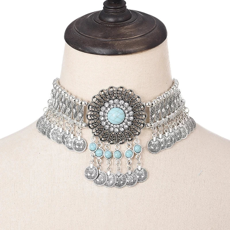 Ethnic Declaration Womens necklace Bohemian retro hollow geometric crystal rhinestone beads coin tassel jewelry 250109