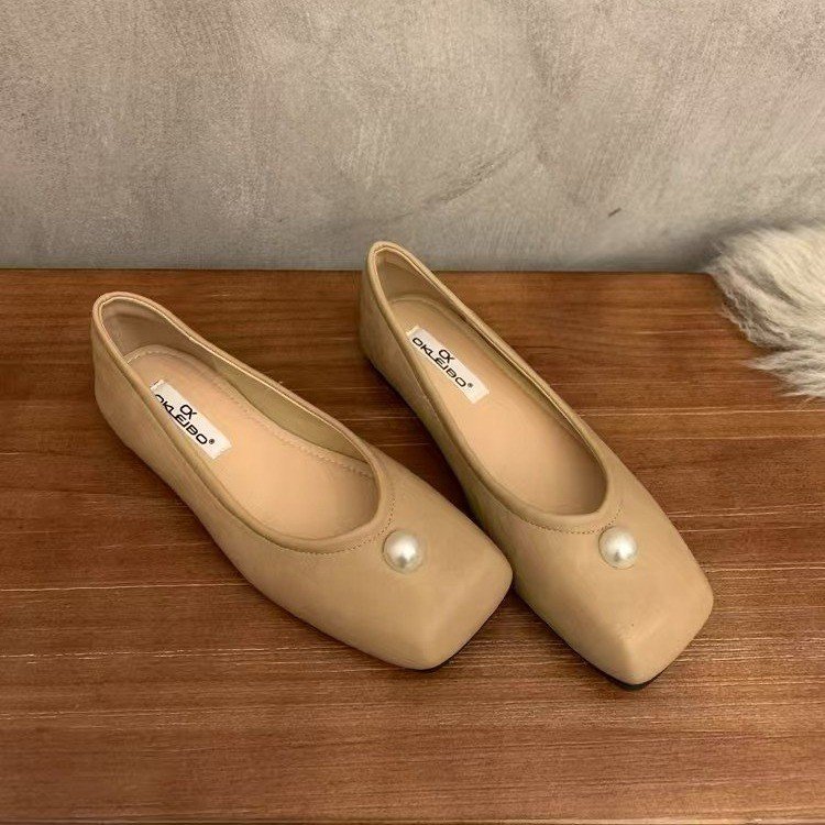 Women Casual Shoes Flat Bottom Square Toe Design Sense Pearl Fashion Versatile Triple Black Beige Apricot Silver Free shipping