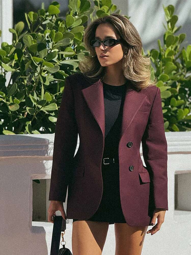 Fashion Casual Bury Red Women Slim Blazer Elegant Lapel Single Breasted Long Sleeved Padded Shoulder Suit Jackets