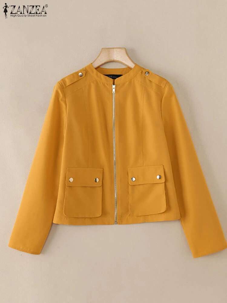 ZANZEA Stand Collar Workwear Outerwear Women Casual 2025 Spring Long Sleeve Short Trendy Solid Color Zip-Up Jackets
