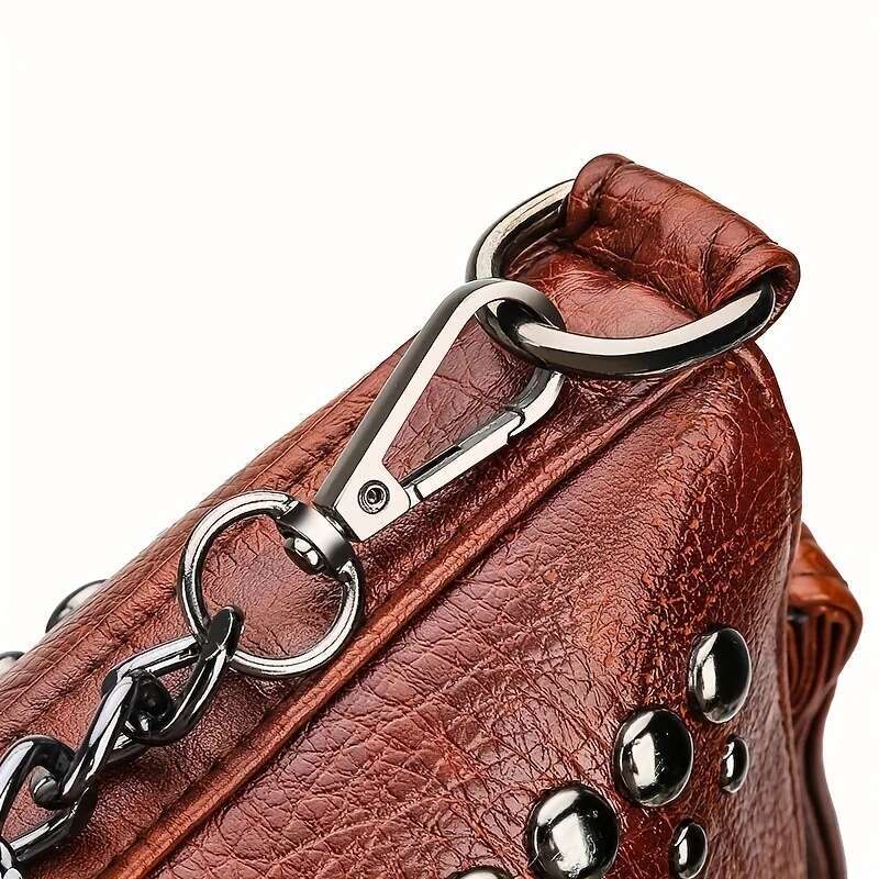 Vintage Studded Versatile Rivet PU Leather Shoulder Large Capacity Zipper Punk Style Trendy Crossbody Bag