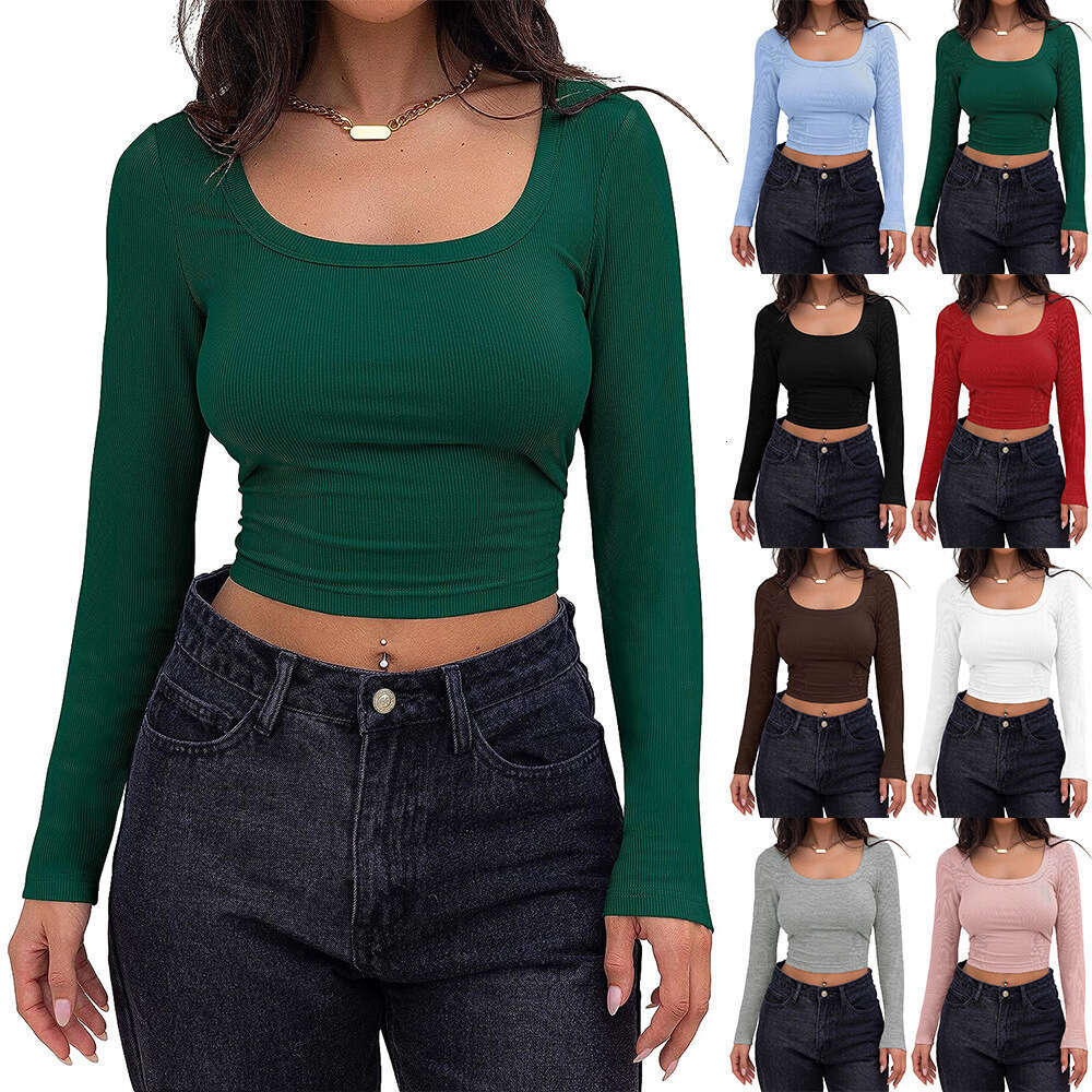 2025 popular European and American thread groove strip slim fit short style long sleeved square neck T-shirt with feminine temperament versatile new t