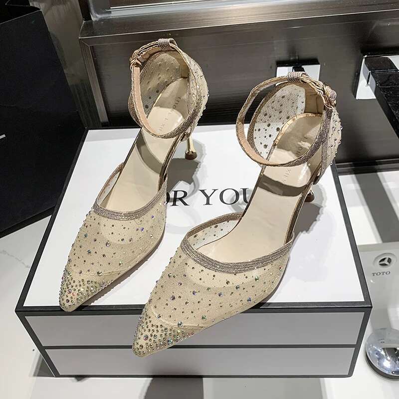 Women Heels Mesh Elegant Heeled Shoes Sexy Nude Wedding Bride Woman Dress Urban Gold Clear Rhie Pointed Toe Pumps