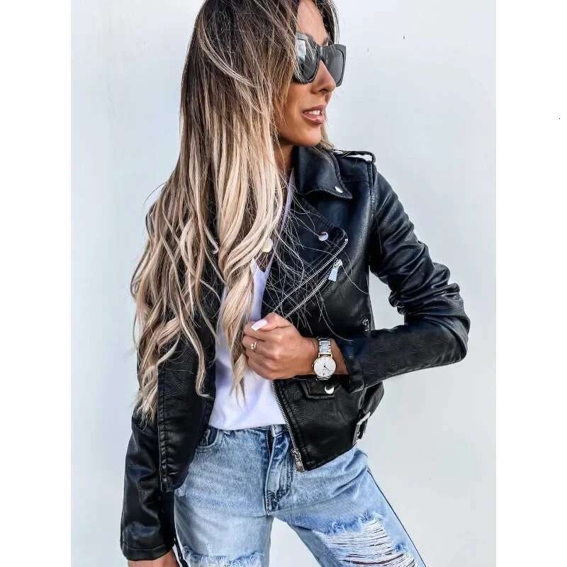 Mandylandy Locomotive Jackets Women Long Sleeve Zipper Fashion Jacket PU Leather Coat Motorcycle Short Coats Outwear