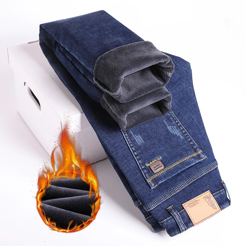 Winter Men Fleece Warm Jeans Classic Style Business Casual Thicken Velvet Slim Denim Pants Trousers Male Size 28-42 250116