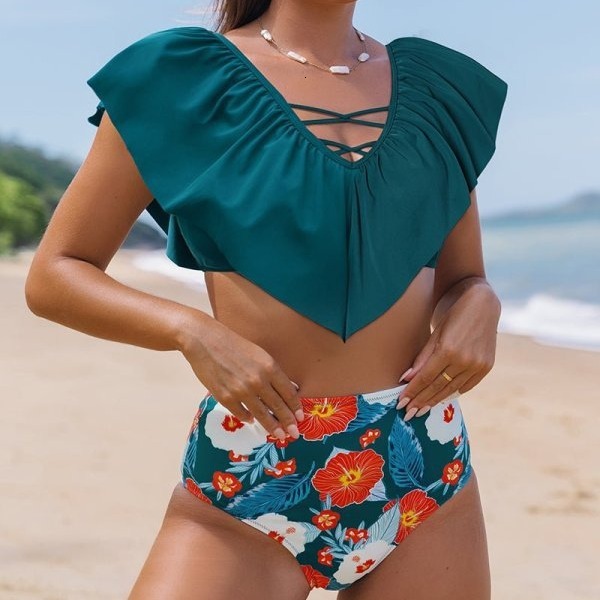 new sexy ruffled V-neck high waisted split women's bikini swimsuit