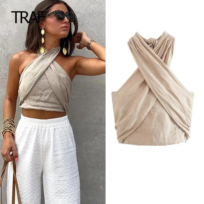 TRAF Linen Halter Top Summer Tops For Women Crop Backless Sleeveless Sexy Top Females Elegant Fashion Top Trend 250115