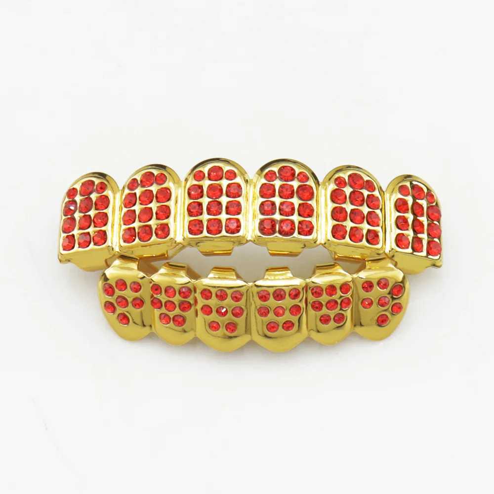 HIP HOP Red Color CZ Stones Teeth Grillz Caps Cubic Zircon Iced Out Micro Pave Top Bottom Charm Grills Set For Men Women JewelryXJ250114