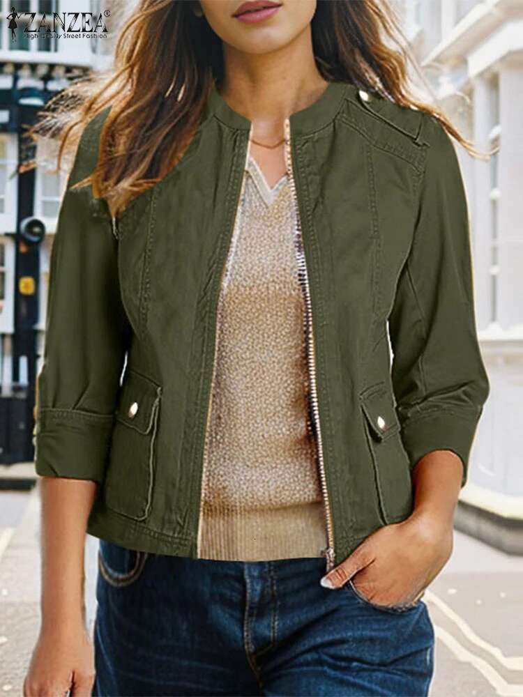 ZANZEA Stand Collar Workwear Outerwear Women Casual 2025 Spring Long Sleeve Short Trendy Solid Color Zip-Up Jackets